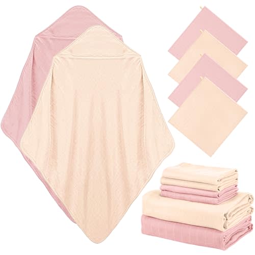 Preboun 6 Pcs Muslin Hooded Baby Towels and Washcloths,Ivory,Pink | 32" x 32" Cotton Newborn Bath Towel, Hood 12" x 12" Washcloths, Anti-shrink, Girl Boy Toddler, Infant Baby Blankets