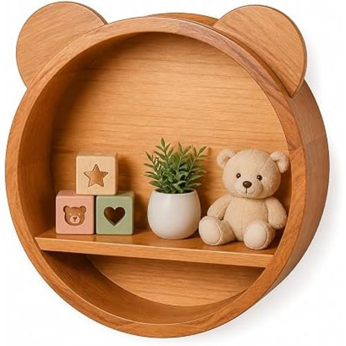 Novabright Wooden Bear Nursery Wall Shelf Decor Floating Shelves Wall Mounted Bookshelf Boho Hanging Shelf Storage for Small Books Stuffed Animals for Kids Room Baby Nursery Living Room Bedroom
