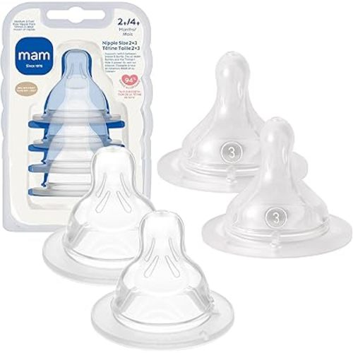 MAM Baby Bottle Nipple Mixed Flow Pack, Medium Size 2 and Fast Flow Size 3 for Newborns 2+ Months, Skin Soft BPA Free Silicone, 94% Nipple Acceptance, Fits All MAM Bottles, 4 Pack, Made in Europe