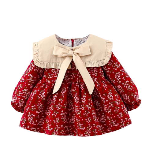 CHEEREAM Baby Toddler Girls Long Sleeve Fashion Dress Infant Casual Vintage Floral Dresses Bowtie Cute Lace Trim Babydoll Outfits for Spring Fall