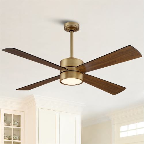 Parrot Uncle 52" Antique Brass Wood 4-Blade Indoor Ceiling Fan with Light and Remote