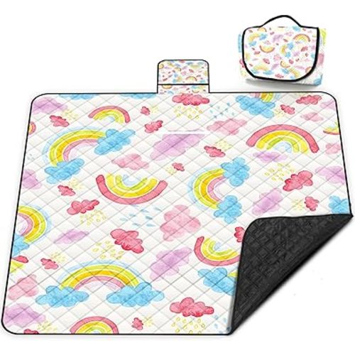Extra Large Picnic Blanket Waterproof,80"x 80"Foldable Machine Washable Beach Blanket,Outdoor Blanket for 6-8 Adults,Picnic Mat Suitable for Indoor Crawling,Park Beach,Camping,Hiking,Travel (Rainbow)
