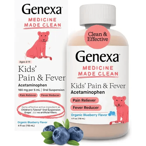 Genexa Infants’ Pain and Fever Reducer | Baby Acetaminophen, Dye Free, Liquid Oral Suspension Medicine for Infant | Delicious Organic Blueberry Flavor | 160 mg per 5mL | 2 Fluid Ounces