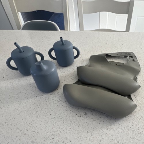 Mushie Gray & Blue Silicone Baby Feeding Set with Sippy Cups & Bibs