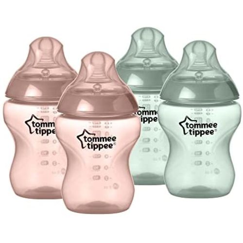 Tommee Tippee Closer to Nature Baby Bottles | Slow Flow Breast-Like Nipple with Anti-Colic Valve (9oz, 4 Count) | Pink & Green