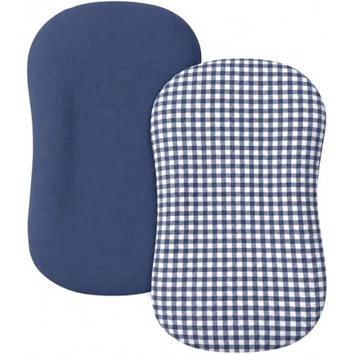 guruixu Muslin Baby Lounger Cover 2 Pack, 100% Cotton Infant Lounger Cover, Soft & Breathable Replacement Slipcover, Compatible with Snuggle Me Newborn Lounger (Tradewinds & Gingham)