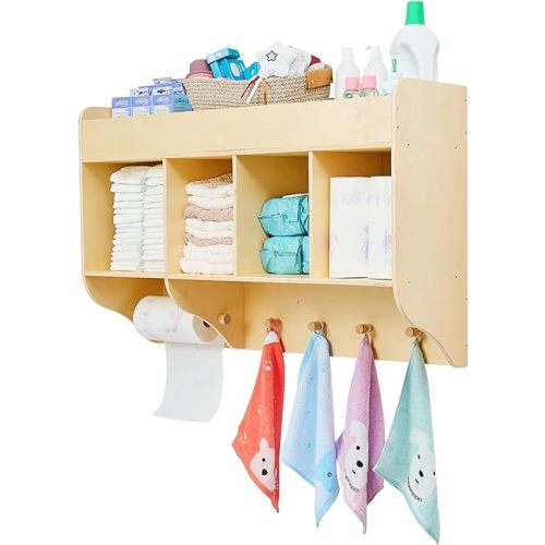 Monläurd® 100% Birch Diaper Organizer for Wall – Wooden Wall Mounted Storage Shelf for Nursery & Daycare, Baby Changing Table Organizer with Hooks & Towel Holder