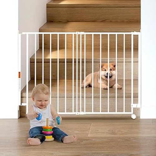 28-43" No Bottom Bar Baby Gate with Support Wheel for Babies, Elders and Pets, Safety Pet Gates with Large Walk Thru Door, Hardware Mount Dog Gate for House, Hallways, Stairs, and Doorways, White