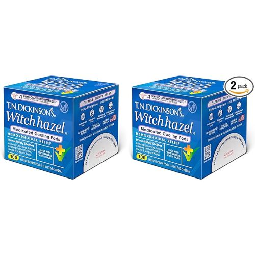T.N. Dickinson's Hemorrhoidal Pads, Witch Hazel with Aloe, Clear, 100 Count (Pack of 2)