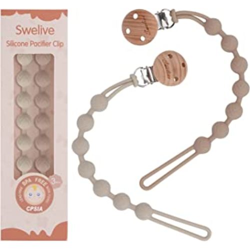 Pacifier Clips for Baby Boys Girl, 2 Pack Pacifier Holder Clips, One-Piece Binky Clips, Wooden Clips Design, Soothe Paci Clip Baby Binky Holder for Shower and Birthday Gift (Sand+Light Grey)