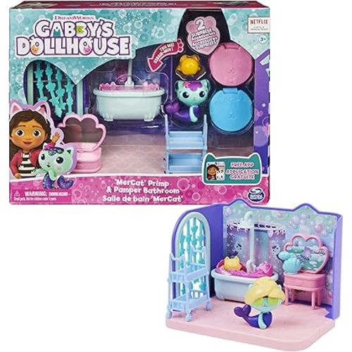 Gabby's Dollhouse, Primp and Pamper Bathroom with Mercat Figure, 3 Accessories, 3 Furniture and 2 Deliveries, Kids Toys for Ages 3 and up