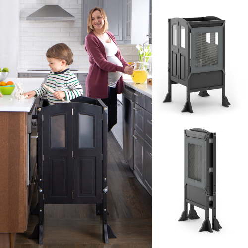 Martha Stewart Kitchen Helper by Guidecraft - Charcoal: Kids' Adjustable Montessori Step Stool, Folding Wooden Learning Toddler Tower