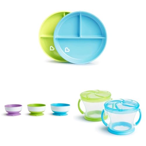 Munchkin® Stay Put Suction Plates, Bowls and Snack Cups for Toddlers (Blue/Green/Purple)