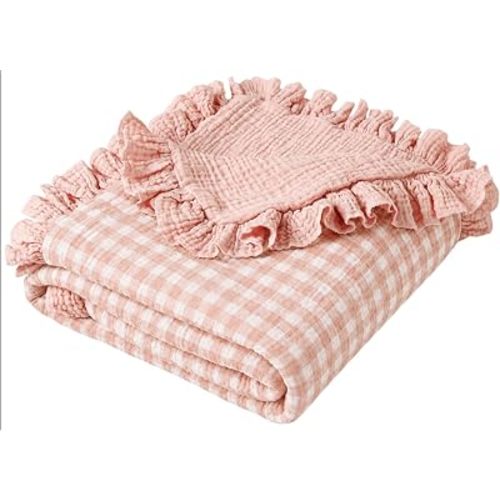 Konssy 100% Cotton Muslin Baby Blanket with Ruffle Trim for Girls, 43"x39"