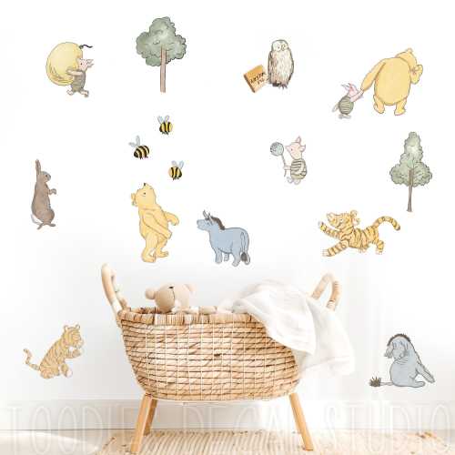 Classic Pooh Fabric Wall Decals, Neutral Vintage Stickers, Nursery Reusable and Removable decor