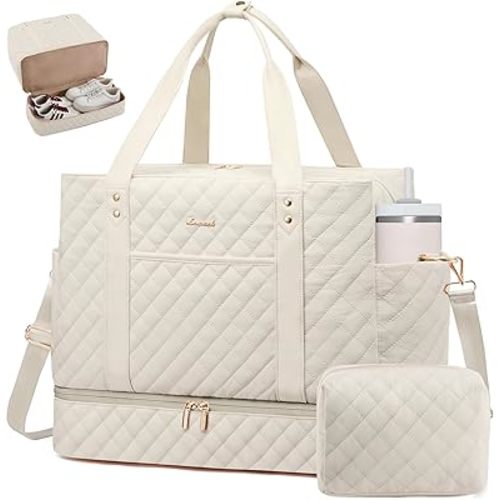 LOVEVOOK Large Travel Duffle Bag for Women, 45L Weekender Bags with Shoe Compartment & Wet Pocket, Quilted Carry On Personal Item Bag, Overnight Hospital Bags for Labor Delivery Beige