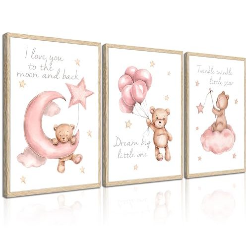 3Pcs Pink Teddy Bear Nursery Wall Art Prints, Dream Big Little One I Love You to the Moon and Back Twinkle Twinkle Little Star Posters, Baby Girl Room Decor for Nursery Playroom 12x16in Unframed
