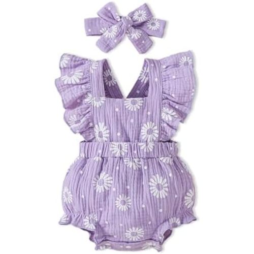 Baby Girl Clothes Newborn Girl Outfit Ruffle Sleeve Romper Bodysuit Headband 0-18 Month 2PCS Summer