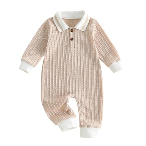 Newborn Baby Boy Clothes Textured Collared Romper Long Sleeve Button-UP One Piece Jumpsuit Solid Color Fall Outfit