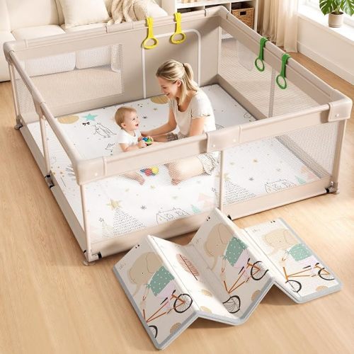Mloong Baby Playpen with Mat 59x59x27in, Extra Large Play Pen for Toddlers | Sturdy Baby Activity Play Fence, Easy to Assemble, Safe Indoor & Outdoor Play Yard, Parc pour Bébé, Breathable Mesh