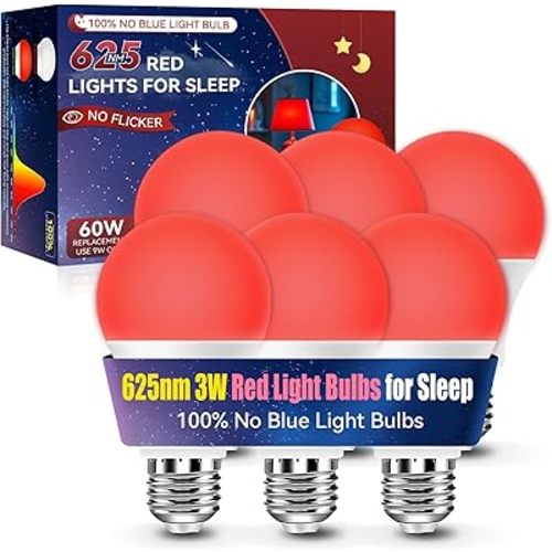Neporal 3W 625nm Red Light Bulbs for Sleep, 100% Blue Light Blocking Bulb, Red Light Night Light for Melatonin Promoting, A19 40W Equivalent Dim Light Bulbs for Bedroom, Baby Nursery,6 Pack