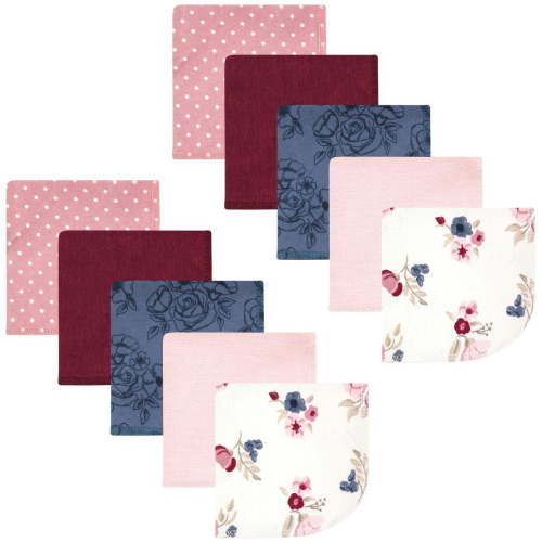 Hudson Baby Infant Girl Flannel Cotton Washcloths, Dusty Rose Floral 10 Pack, One Size