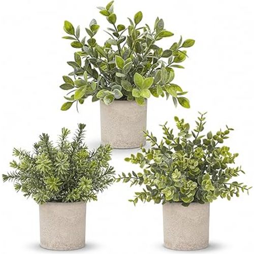 Der Rose 3 Pack Mini Potted Fake Plants Artificial Plastic Eucalyptus Plants Topiaries for Home Office Desk Farmhouse Shelf Room Bathroom Decor(Sage Green)