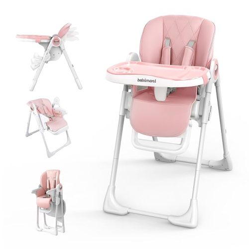 babimoni 4 in 1 High Chairs for Babies and Toddlers, Foldable Baby High Chairs, Feeding and Eating Seat Highchair with 4 Levels of Recline and 7 Levels of Height Adjustment, Pink