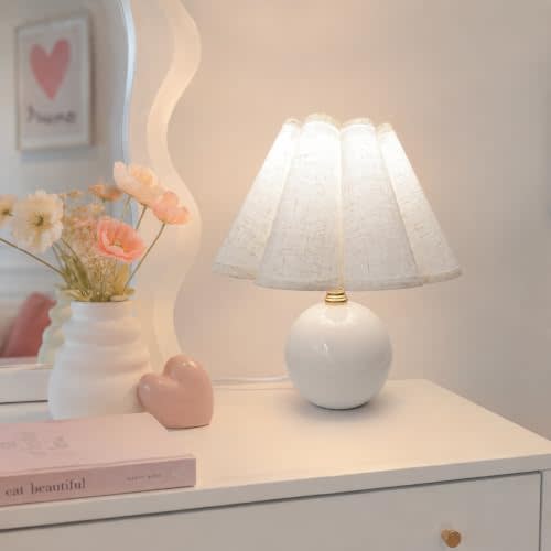 Small Ceramic Table Lamp, 11.5'' Cute Scalloped Lamp (White) | 3 Color Temperatures Cute Pleated Table Lamp for Girls Bedroom, Nursery Nightstand Light for Kids Room, Desk & Living Room