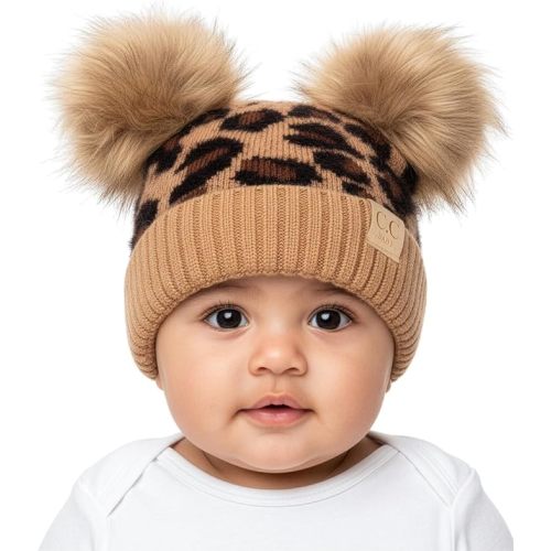 Funky Junque Double Pom Pom Baby Beanie – Newborn Girl Winter Hat 0–12 Months, Cute Cozy Knit Infant Beanies for Cold Weather