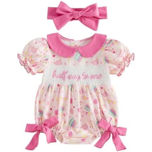 Bagilaanoe Half/First Birthday Outfit Baby Girl Half Way to ONE/One Short Sleeve Romper Bodysuit Cake Smash Outfit+Headband