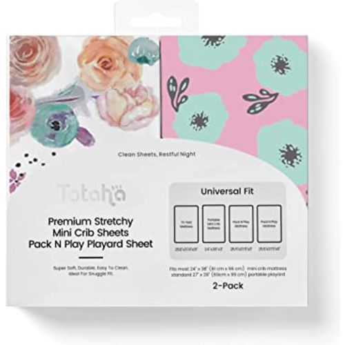 TotAha Premium Stretchy Pack N Play Playard Sheets | Mini Crib Sheets (2-Pack) -Hypoallergenic, Silky Comfort, Buttery Soft, Calming Effect, All-Season Jersey-Knit (Colorful Flora & Blue Flowers)