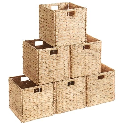 Ornavo Home 13 x 13 Inch Water Hyacinth Baskets Set of 6 – Handwoven Collapsible Wicker Storage Cube Bins with Handles for Bathroom, Bedroom, Laundry and Pantry - Natural