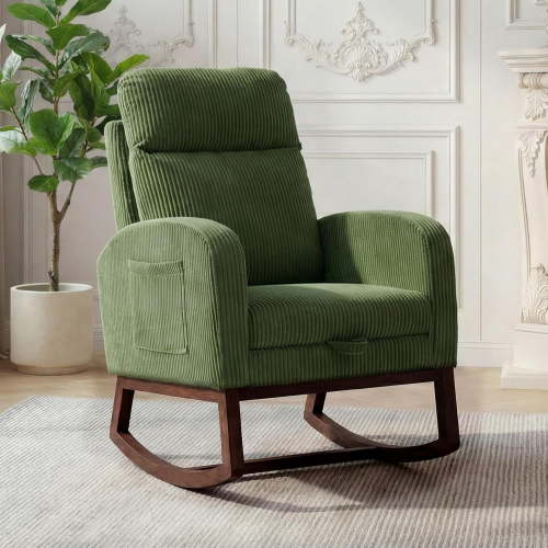 GOCAPTAIN Upholstered Nursery Rocking Chair with Footrest and Side Pocket, High Back Glider Recliner with Solid Wood Base for Baby Room, Bedroom or Living Room, Green