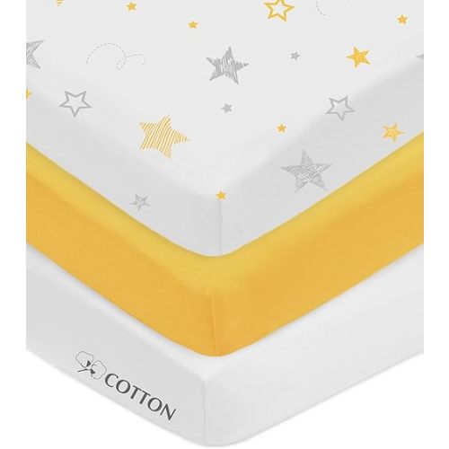 American Baby Company 3 Pack 100% Natural Cotton Fitted Mini Crib Sheets 38"x24"-Soft & Breathable Small Nesting Portable Sheets,Fits Pack N Play Mattress,Gold/Gold Stars/White,for Boy & Girl