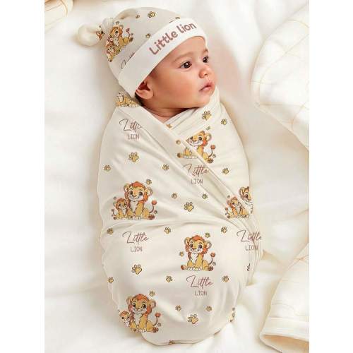 2Pcs Set Newborn Photography Wrap Little Lion Printing Stretch Baby Swaddle Blanket With Matching Hat Newborn Boy Girl Photo Props | SHEIN USA