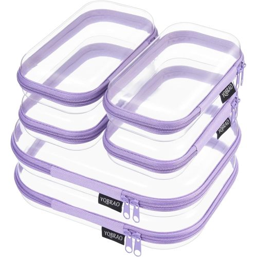6 Pack Purple Clear Hard Shell Beauty Organizer (2M+4S), 1.2mm Heavy Duty Crush-Proof Cosmetic Case, Reinforced YKK Zippers, Stadium Approved Security Bag for Skincare & Electronics, Multi-Size Set