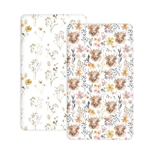 Pack N Play Sheets 2 Pack, 27"x39" Fitted Mini Crib Sheets Baby Boys Girls | Fit for Pack N Play and Mini Crib Mattresses, Stretch Jersey Knit, Snug Fitted Edge, Machine Washable (Cottage Cow)
