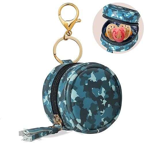 Smlpuame Pacifier Holder Case with Clip,PU Leather Pacifier Charm pod with Clasp for Diaper Bag or Purse,Pacifier Pouch Hold 2 Pacifiers,Nipple Shield Case,Outdoor Travel Accessories(Camo)