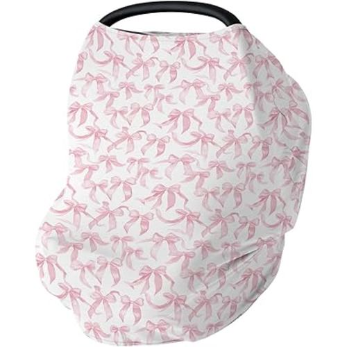 Pink Valentine's Bows Car Seat Cover for Babies Girl Bows Stretchy 5-in-1 Cover Adjustable Infant Carseat Cover Canopy Breathable Baby's First Valentine's Day Nursing Cover-Up