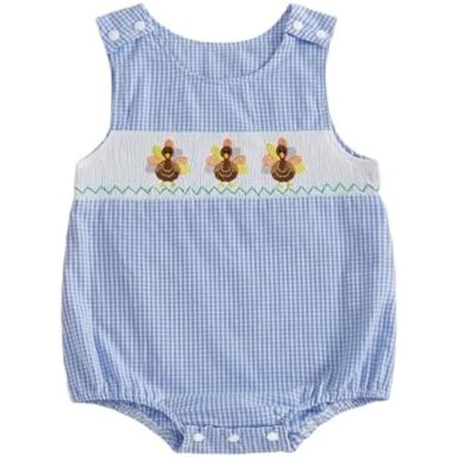 Newborn Baby Boy Thanksgiving Outfit Turkey Embroidery Sleeveless Smocked Bubble Romper Plaid Bodysuit Fall Clothes
