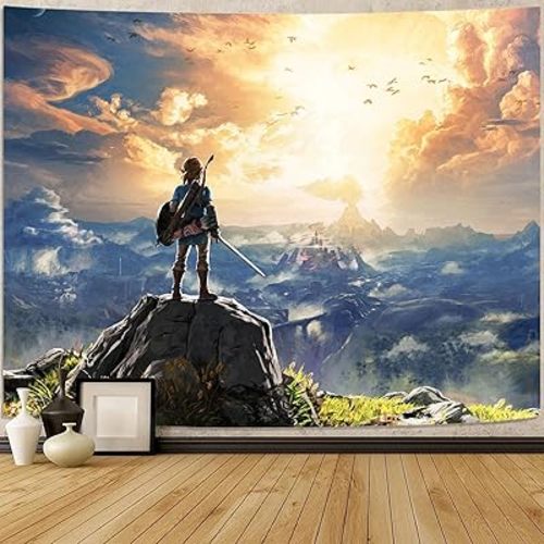kampdream Anime Video Game Tapestry, Sky and Mountain Landscape Tapestries for Boys Man Bedroom Living Room 60×80 inch