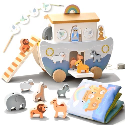 Wooden Noah's Ark Pull Along Toy with Bible Story Cloth Book - Montessori Sorting Set for Toddlers - Religious Baptism Gift for Boys & Girls -Christian Preschool Learning Toy for Kids