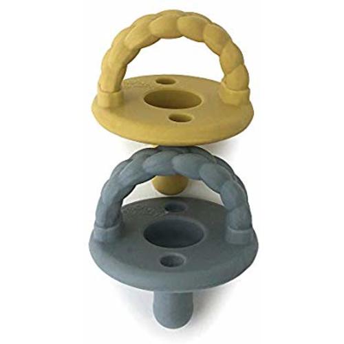 Itzy Ritzy Sweetie Soother Pacifier Set of 2 - Silicone Newborn Pacifiers with Collapsible Handle & Two Air Holes for Added Safety; Set of 2 in Dark Gray & Yellow, Ages Newborn & Up
