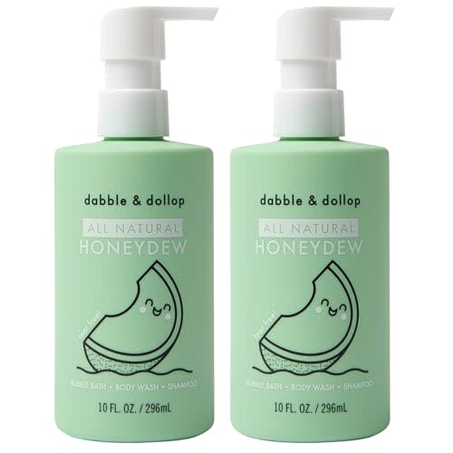 Dabble & Dollop Honeydew Melon Kids 3-in-1 Body Wash, Shampoo & Bubble Bath – Tear-Free, Gentle, Natural-Origin, Hypoallergenic and Safe for Sensitive Skin (10 fl oz, Pack of 2)