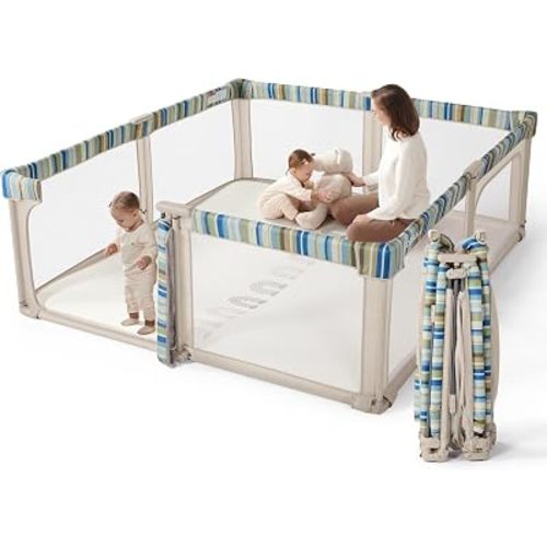 Baby Playpen Portable, Pre-Assembled Play Pen 71x79 Large Foldable Playpen for Babies and Toddlers, Sturdy and Safe Toddler Play Yard Indoor Outdoor with Carry Bag, Light Khaki