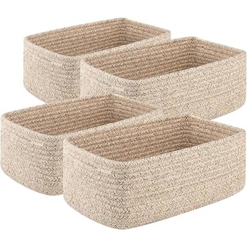 OIASKET 4 Pack Small Storage Shelf Baskets for Organizing, Mini Woven Rope Storage Bins for Towels, Cute Decorative Closet Organizer，Baby Nursery, Gift Empty Baskets -14.17''Lx11.02''Wx6.3''H-White