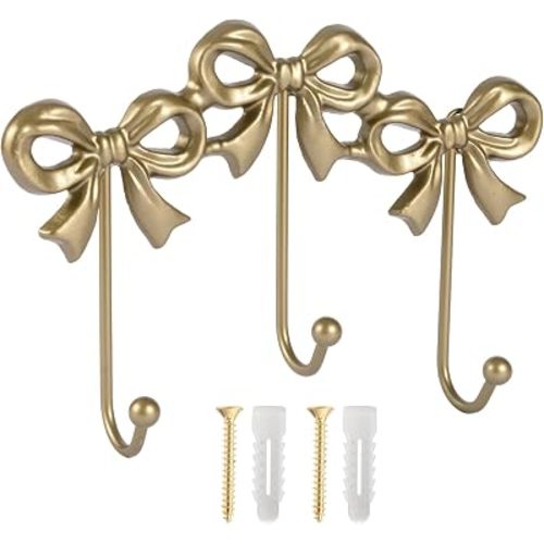 Gold Cast Iron Wall Hook Coat Hook, Cute Bow Room Decor for Nursery Girls Room, Decorative Hook for Hanging Bows Headbands Baby Blankets Lightweight Bags
