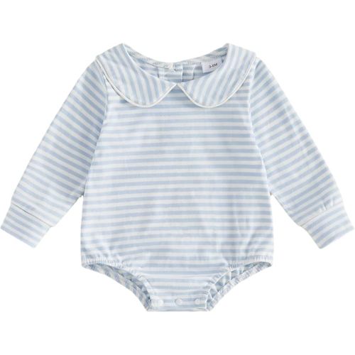 Newborn Baby Boy Girl Fall Outfit Long Sleeve Bubble Romper Peter Pan Collar Striped Bodysuit One Piece Clothes