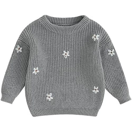 Infant Toddler Baby Girl Knit Sweater Long Sleeve Floral Embroidery Pullover Sweatshirt Warm Fall Winter Clothes